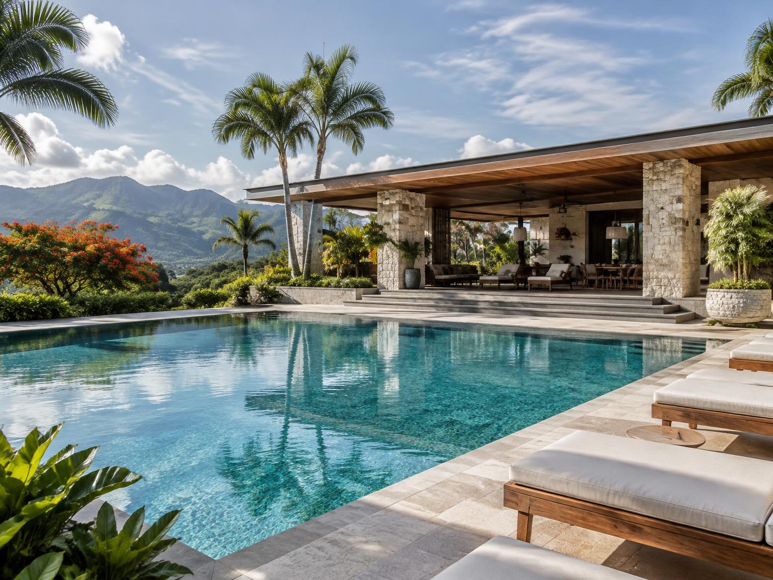 Club campestre con piscina y jardines tropicales